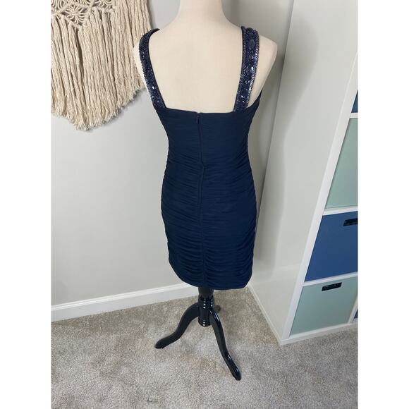 Vintage Cache Y2K Navy Beaded Scoop Neck Chiffon Bodycon Mini Dress 6 - Picture 2 of 9